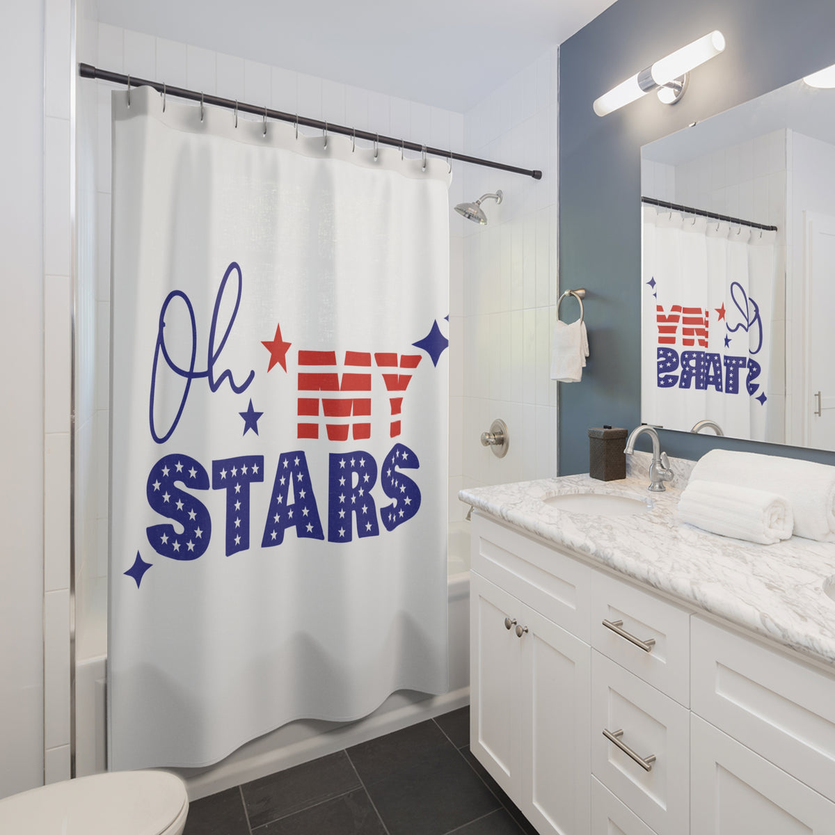 Oh My Stars Shower Curtain – Patriotic Red, White & Blue Bathroom Decor